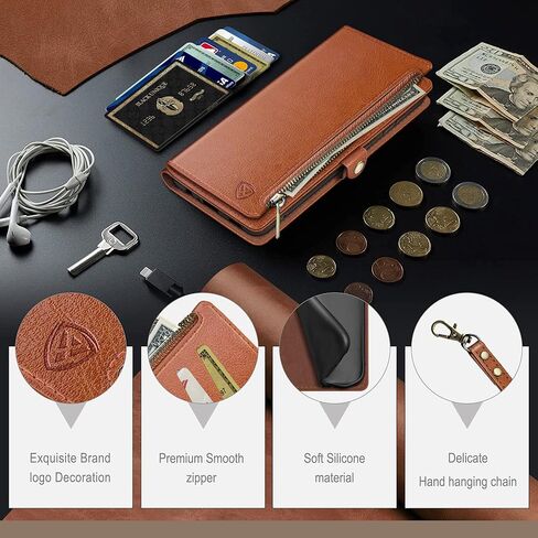 XcaseBar for iPhone X/XS Wallet case with Zipper Credit Card Holder【RFID Blocking】, Flip Folio Book PU Leather Phone case Shockproof Cover Women Men for iPhone X/XS case Light Brown in Saudi Arabia