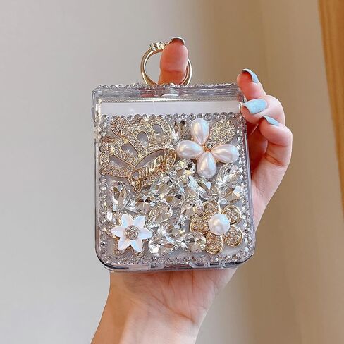 Changjia for Samsung Galaxy Z Flip 5 Glitter Case with Hinge Protection Ring Holder,Cute Luxury 3D Crown Crystal Rhinestone Diamond Gems Bling Sparkle Shiny Women Girl Case for Galaxy Z Flip 5 5G,Pink in Saudi Arabia
