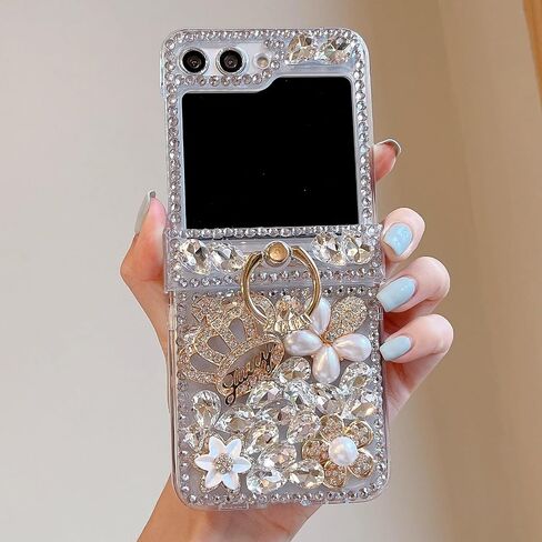 Changjia for Samsung Galaxy Z Flip 5 Glitter Case with Hinge Protection Ring Holder,Cute Luxury 3D Crown Crystal Rhinestone Diamond Gems Bling Sparkle Shiny Women Girl Case for Galaxy Z Flip 5 5G,Pink in Saudi Arabia