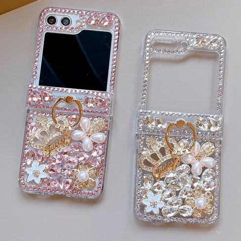 Changjia for Samsung Galaxy Z Flip 5 Glitter Case with Hinge Protection Ring Holder,Cute Luxury 3D Crown Crystal Rhinestone Diamond Gems Bling Sparkle Shiny Women Girl Case for Galaxy Z Flip 5 5G,Pink in Saudi Arabia