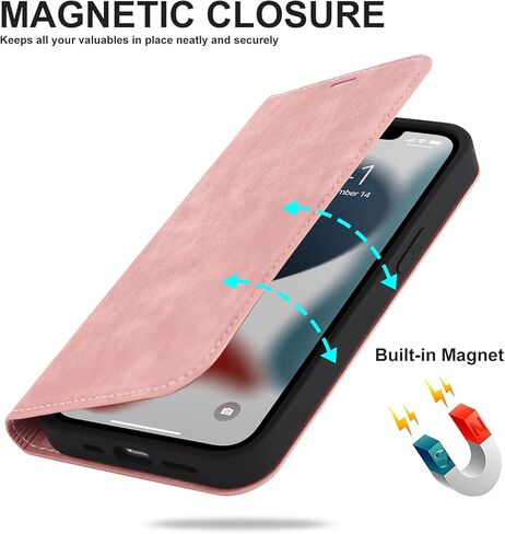 حافظة مغناطيسية QLTYPRI لهاتف iPhone 13/14 متوافقة مع Magsafe مع فتحات حامل بطاقات [RFID]، غطاء قابل للطي من جلد البولي يوريثان، حافظة هاتف واقية مضادة للصدمات - بني in Kuwait