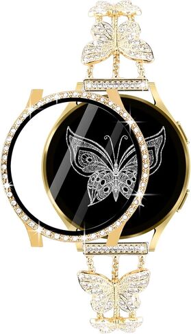 Bling Band with Case Compatible with Samsung Galaxy Watch 4 & 5 40mm 44mm Model，20mm Stylish Stainless Band Bling Diamond Butterfly Bracelet for Women (Rose Gold-40MM) in Saudi Arabia