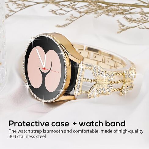 Bling Band with Case Compatible with Samsung Galaxy Watch 4 & 5 40mm 44mm Model，20mm Stylish Stainless Band Bling Diamond Butterfly Bracelet for Women (Rose Gold-40MM) in Saudi Arabia
