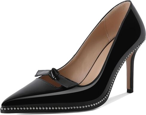 Soireelady Womens Beaded Pumps Stiletto High Heel with Bow Pointed Toe Slip On Fashion Dress Shoes Patent Leather 3.5 Inch in Saudi Arabia