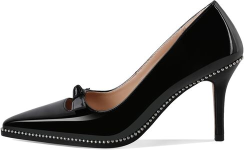 Soireelady Womens Beaded Pumps Stiletto High Heel with Bow Pointed Toe Slip On Fashion Dress Shoes Patent Leather 3.5 Inch in Saudi Arabia