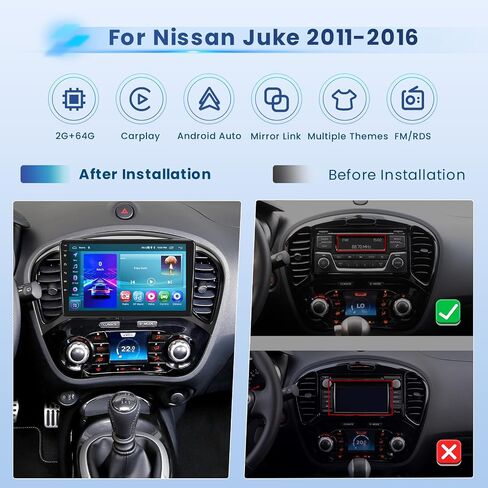 راديو ستيريو للسيارة 2+64G Android 13 CarPlay لسيارة Nissan Juke 2011-2016، شاشة لمس عالية الدقة 9 بوصة متوافقة مع Android Auto، كاميرا احتياطية AHD، وصلة مرآة، GPS، WiFi، FM RDS in Saudi Arabia