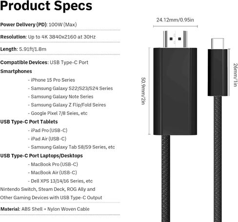 USB Type-C to HDMI Cable 4K/30Hz 1080P/60Hz Power Delivery PD 100W Charging Video Signal for Mobile/Tablet/Laptop/Dex Mode Compatible for Nintendo Switch/Steam Deck/ROG Ally (Black 6 Feet) in Saudi Arabia