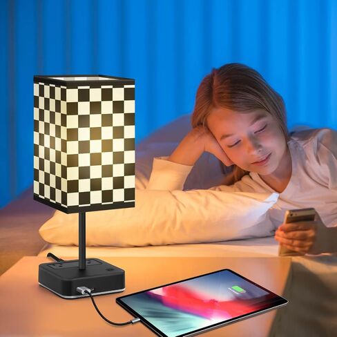 Power Strip with Table Lamp,Touch Nightstand Lamp with 2 USB Ports and 2 Outlets,Fabric Linen Lampshade,Small Table Lamp for Kids Room Living Room Office Dorm(Black) in Saudi Arabia
