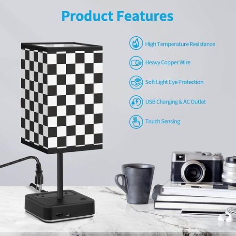 Power Strip with Table Lamp,Touch Nightstand Lamp with 2 USB Ports and 2 Outlets,Fabric Linen Lampshade,Small Table Lamp for Kids Room Living Room Office Dorm(Black) in Saudi Arabia