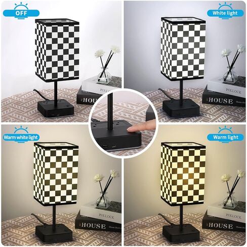 Power Strip with Table Lamp,Touch Nightstand Lamp with 2 USB Ports and 2 Outlets,Fabric Linen Lampshade,Small Table Lamp for Kids Room Living Room Office Dorm(Black) in Saudi Arabia