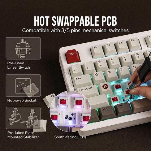 EPOMAKER EK98 Wireless Gaming Keyboard, Tri-Mode Bluetooth/2.4Ghz/USB-C Wired Mechanical Keyboard, Hot Swappable Creamy Keyboard, RGB Backlit Custom Keyboard (White, Peach Lily Switch) in Saudi Arabia