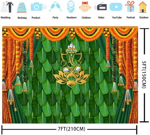 India Pooja Traditional Backdrop Marigold Green Banana Leaf Chatiya Ganesh Traditional Festival Photography Background Puja Ganpati Wedding Party Decoration Photo Props (7x5FT (2.1 x 1.5m)) in Saudi Arabia