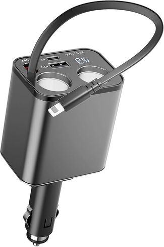 Paiholy 5 في 1 شاحن سيارة قابل للسحب ولاعة سجائر، شاحن سيارة سريع 159 وات مع كابل قابل للسحب 2 في 1، منفذ USB مزدوج ولاعة سجائر مزدوجة، متوافق مع iPhone، الأجهزة الإلكترونية للسيارة in Kuwait