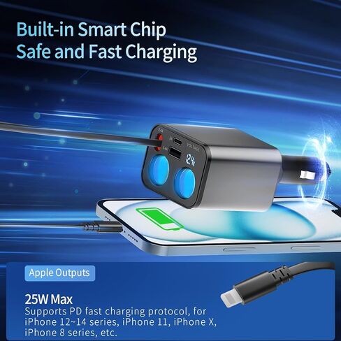 Paiholy 5 في 1 شاحن سيارة قابل للسحب ولاعة سجائر، شاحن سيارة سريع 159 وات مع كابل قابل للسحب 2 في 1، منفذ USB مزدوج ولاعة سجائر مزدوجة، متوافق مع iPhone، الأجهزة الإلكترونية للسيارة in Kuwait