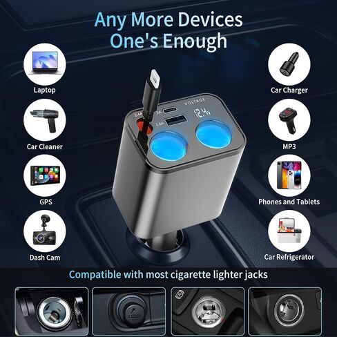 Paiholy 5 في 1 شاحن سيارة قابل للسحب ولاعة سجائر، شاحن سيارة سريع 159 وات مع كابل قابل للسحب 2 في 1، منفذ USB مزدوج ولاعة سجائر مزدوجة، متوافق مع iPhone، الأجهزة الإلكترونية للسيارة in Kuwait