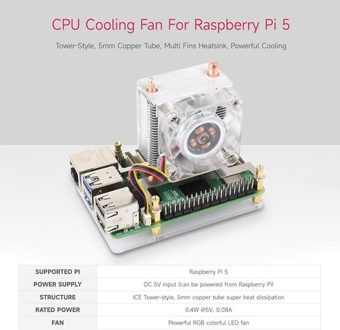 مروحة تبريد وحدة المعالجة المركزية Waveshare ICE Tower، متوافقة مع Raspberry Pi 5، أنبوب نحاسي على شكل حرف U، زعانف تبريد، مبرد مع RGB LED ملون in Saudi Arabia