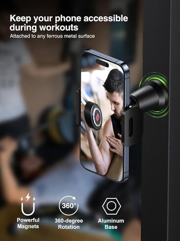 حامل هاتف مغناطيسي من Elitehood Gym، حامل هاتف مغناطيسي يدور 360 درجة لصالة الألعاب الرياضية، حامل هاتف بقاعدة مغناطيسية شديدة التحمل متصل بسطح الحديد، متوافق مع جميع الهواتف المحمولة in Kuwait