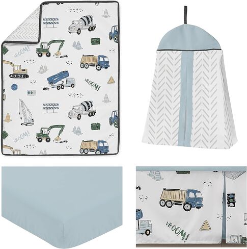 Sweet Jojo Designs Construction Truck Baby Boy Nursery Crib Bedding Set - 4 pieces - Grey Yellow Black Blue and Green Transportation Chevron Arrow in Saudi Arabia