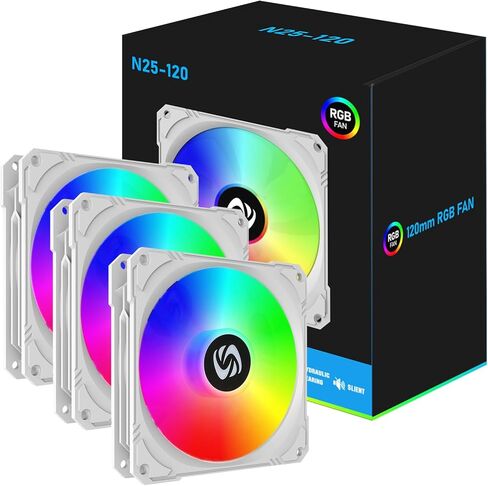 120mm Case Fan 3 Pack RGB Case Fans, N25-120 White Silent 1,200rpm PC Fans, Hydraulic Bearing - White 120mm RGB Fans with 12v 3 pin and molex 4 pin PSU plug Computer Fans for PC Case in Saudi Arabia