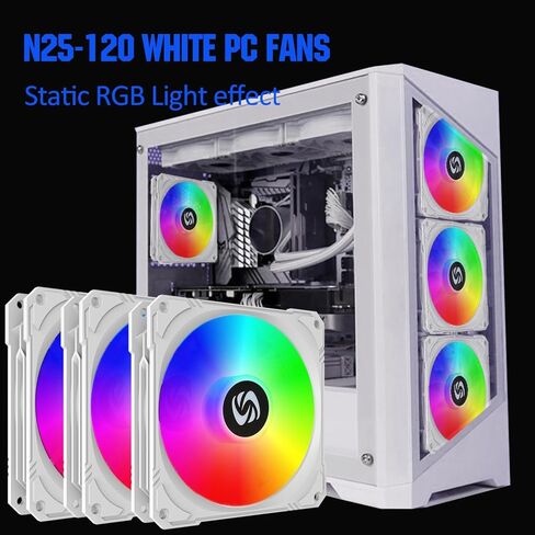 120mm Case Fan 3 Pack RGB Case Fans, N25-120 White Silent 1,200rpm PC Fans, Hydraulic Bearing - White 120mm RGB Fans with 12v 3 pin and molex 4 pin PSU plug Computer Fans for PC Case in Saudi Arabia