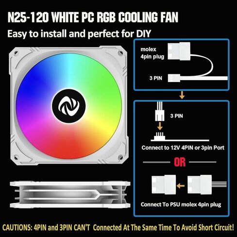 120mm Case Fan 3 Pack RGB Case Fans, N25-120 White Silent 1,200rpm PC Fans, Hydraulic Bearing - White 120mm RGB Fans with 12v 3 pin and molex 4 pin PSU plug Computer Fans for PC Case in Saudi Arabia