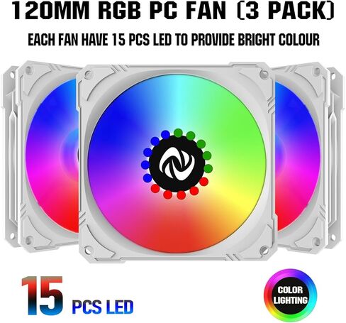120mm Case Fan 3 Pack RGB Case Fans, N25-120 White Silent 1,200rpm PC Fans, Hydraulic Bearing - White 120mm RGB Fans with 12v 3 pin and molex 4 pin PSU plug Computer Fans for PC Case in Saudi Arabia