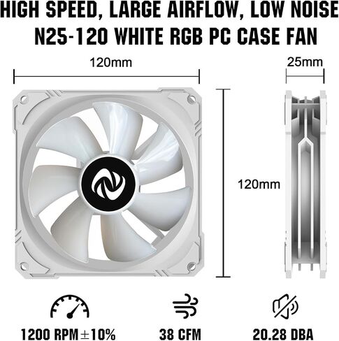 120mm Case Fan 3 Pack RGB Case Fans, N25-120 White Silent 1,200rpm PC Fans, Hydraulic Bearing - White 120mm RGB Fans with 12v 3 pin and molex 4 pin PSU plug Computer Fans for PC Case in Saudi Arabia