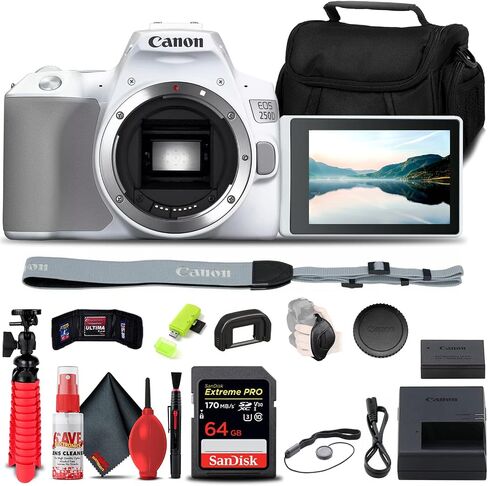 كاميرا Canon EOS 250D / Rebel SL3 DSLR (الهيكل فقط) + بطاقة ذاكرة سعة 64 جيجابايت (أبيض) + قارئ بطاقات + حافظة + حامل ثلاثي مرن + حزام يد + حافظة للغطاء + محفظة ذاكرة + طقم تنظيف (متجدد) in Saudi Arabia