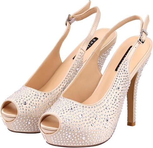 ERIJUNOR Women High Heel Peep Toe Rhinestones Slingback Platform Pumps Wedding Evening Dress Shoes in Kuwait