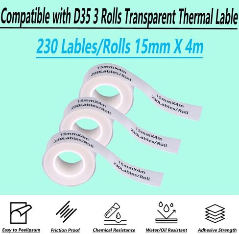 2 Rolls Label Tapes Compatible for Phomemo D35 Label Maker Thermal Sticker Labels 0.59"x13ft (15mmx4m) Transparent Paper for Home School (Transparent, 15mm*4m+2R) in Saudi Arabia