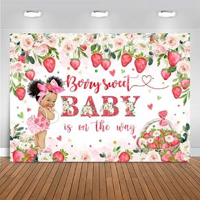 Mocsicka Strawberry Baby Shower Backdrop Berry Sweet Baby is on The Way Party Decorations Pink Flower Strawberry for Girls Baby Shower Photography Background (Red, 7x5ft(82''x60''))