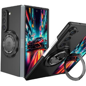 Magnetic Case for Samsung Galaxy Z Fold 6 with Rotatable Ring Kickstand, [Wireless Charging] Military Grade Shockproof Slim fit for Samsung Galaxy Z Fold6. XZ-Black