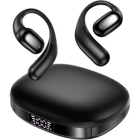 kurdene Open Ear Headphones,Bluetooth 5.3 Wireless Sports Earbuds with Digital Display Charging Case 60Hrs Playtime Earphones with Earhooks for Running,Meeting,Workout-Black