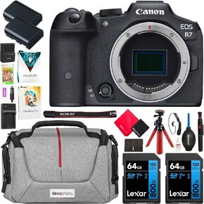 Canon EOS R7 Mirrorless APS-C Interchangeable Lens Camera Body 5137C002 Bundle with Deco Gear Photography Bag + 2 x Battery + 2 x 64GB Memory Cards + Accessories Kit in Kuwait