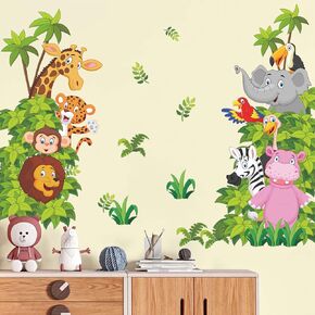 Supzone Monkey Climbing Tree Wall Stickers Forest Animal Tree Wall Decals Cute Bear Fox Birds Flowers Butterflies Wall Art Decor for Kids Babyroom Nursery Bedroom Living Room Classroom