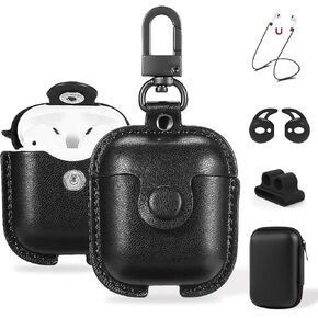 Maxjoy for AirPods Case Cover, Airpods 2 Case Leather Gen 2 Protective Cover with Keychain/Ear Hooks/Airpods Strap/Watch Band Holder/Earpods Case Compatible with Apple Airpods 2nd 1st Generation,Black
