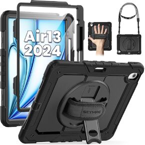 SEYMAC for iPad Air 13 Inch Case M2 (2024), Heavy Duty Shockproof Protective Case with Screen Protector, 360° Rotating Stand, Hand/Shoulder Strap and Pen Holder for iPad Air 13 2024, Black