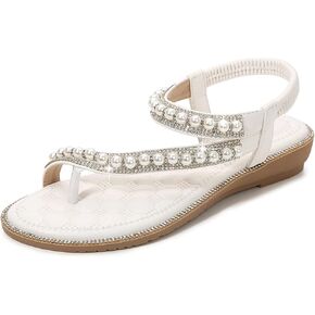 Women's Rhinestone Pearl Sandals Elastic Ankle Strap Toe Ring Dressy Beach Wedding Shoes