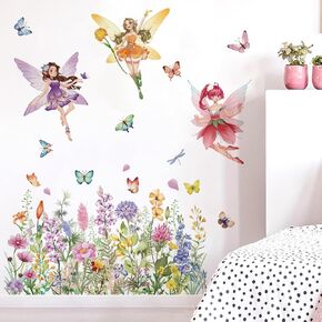 Runtoo Fairy Floral Wall Decals Wildflower Butterfly Elf Wall Stickers Girls Bedroom Kids Room Baby Nursery Wall Decor