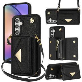 for Samsung Galaxy A54 5G Crossbody Wallet Case, 7 Card Slots Leather Wallet Shockproof Cover with Shoulder Strap Kickstand Handbag Magnetic Closure (Black)…