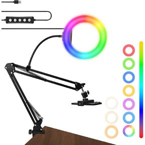 8" RGB Ring Light with Overhead Camera Mount Overhead Phone Mount with RGB Fill Light for Articulating Arm Phone Mount for YouTube Live Stream Cooking Nail Video Recording