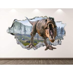 Wild Dinosaur Wall Decal Art Decor 3D Smashed T-Rex Sticker Poster Kids Room Mural Custom Gift BL380 (22"W x 14"H)