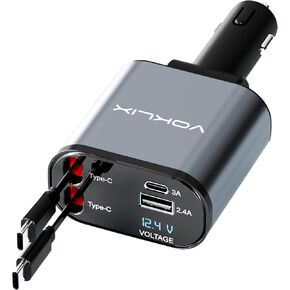 Retractable car Charger Compatible with iPhone, 4 in 1 66W Fast car Phone Charger Retractable with 2.6ft Cord, USB Dual Type C Charger Adapter, 15/14 Pro, Max Galaxy S23/S22, iPad