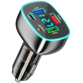 5 Port USB C Car Phone Charger with Voltage Display Dual PD 30W Super Fast for MacBook iPhone 15 Pro Max Samsung 100W Max Super for Huawei Android Phones Cigarette Lighter Adapter with Volt Meter