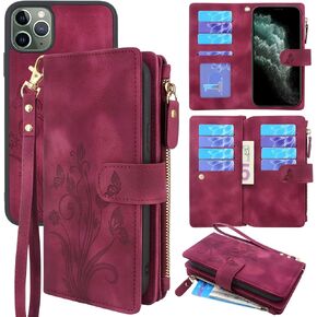 Lacass for iPhone 11 Pro Max 6.5 inch Case [Card Slots] ID Credit Cash Holder Zipper Pocket Detachable Magnet Leather Wallet Cover Wrist Strap Lanyard Carrying Pouch(Butterfly Light Purple)