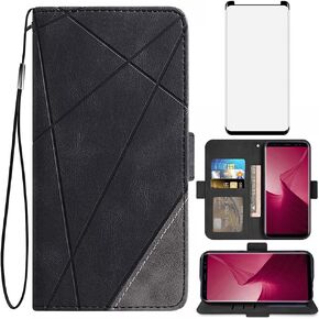 Asuwish Compatible with Samsung Galaxy S9 Wallet Case and Tempered Glass Screen Protector Leather Flip Cover Card Holder Stand Cell Accessories Phone Cases for Glaxay S 9 Edge 9S GS9 Women Men Black