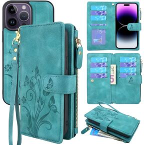 Lacass Compatible with iPhone 14 Pro Max 6.7 inch Case [ Card Slots] ID Credit Cash Holder Zipper Pocket Detachable Magnet Leather Wallet Cover with Wrist Strap Lanyard(Floral Wine Red)