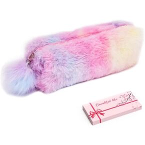Plush Rainbow Pencil Case for Girls Fluffy Pencil Case Cute Rainbow Pencil Holder Soft Pencil Case Fluffy Pencil Bag Makeup Pouch Colored Storage Bags Large Capacity School Supplies for Kids