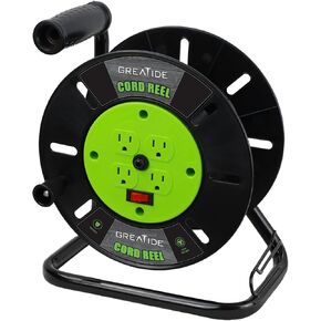 Heavy Duty Extension Cord Storage Reel, 4 Grounded Outlets, 10A Circuit Breaker, Rocker Power Switch, Retractable Hand Wind, Open Cord Reel for 12/3, 14/3, or 16/3 Gauge Power Cord, Blue