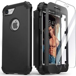 حافظة IDweel لهاتف iPhone 8 وحافظة iPhone 7 مع واقي شاشة (زجاج مقسى)، غطاء صلب هجين مقاوم للصدمات 3 في 1 من البولي كربونات الصلب الناعم من السيليكون القوي ممتص الصدمات لكامل الجسم، أرجواني in Kuwait